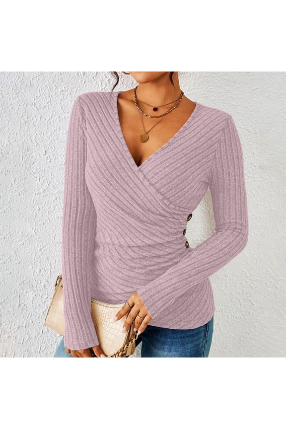 Women's Deep V Neck Wrap Shirts Casual Long Sleeve Knitted Tops with Buttons Solid Color Soft Comfy Tunic Tops