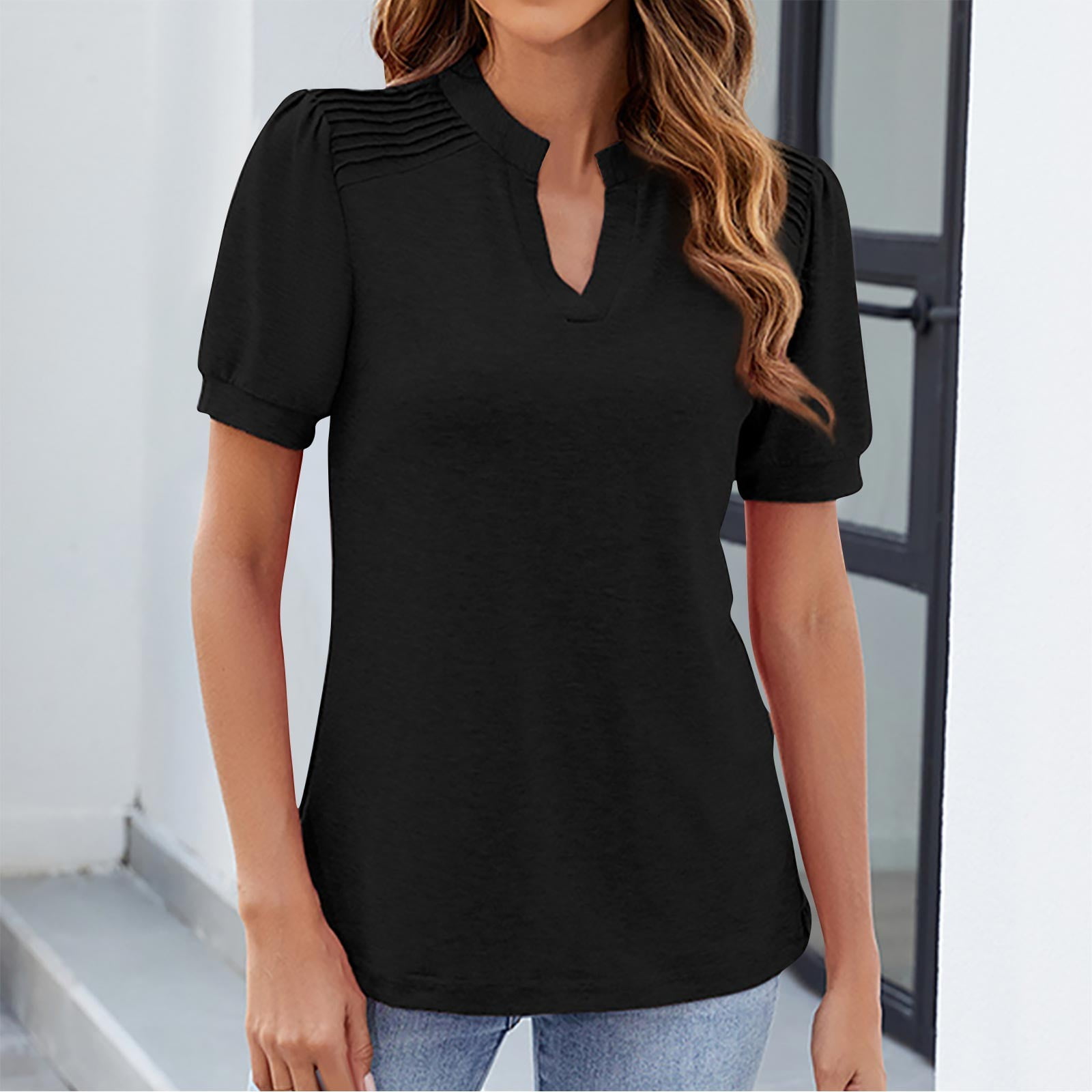 Eofeir Women's Casual V-Neck Tunic Top - Short Sleeve Summer Blouse With Ruffle Sleeves - View #8