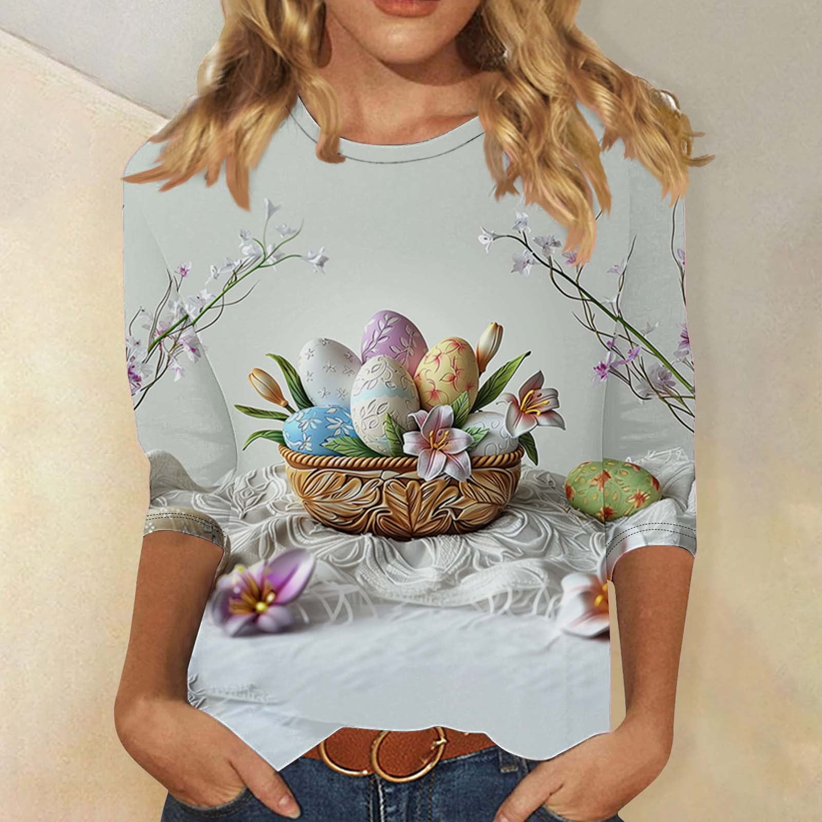 BVOFAR Women's Easter Shirts Funny Cute Eggs Graphic Tees 3/4 Length ...