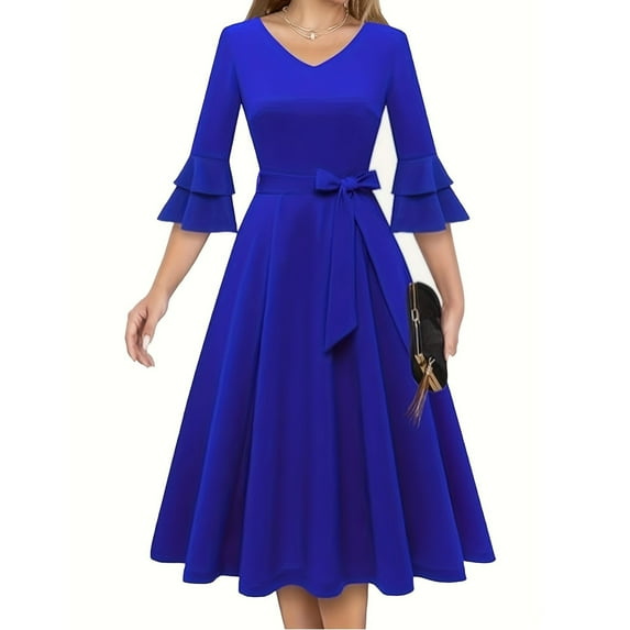 BVOFAR Women's Elegant 3/4 Bell Sleeve Dresses Vintage Cocktail Party Evening Dress V Neck Pleated Swing Midi Dresses