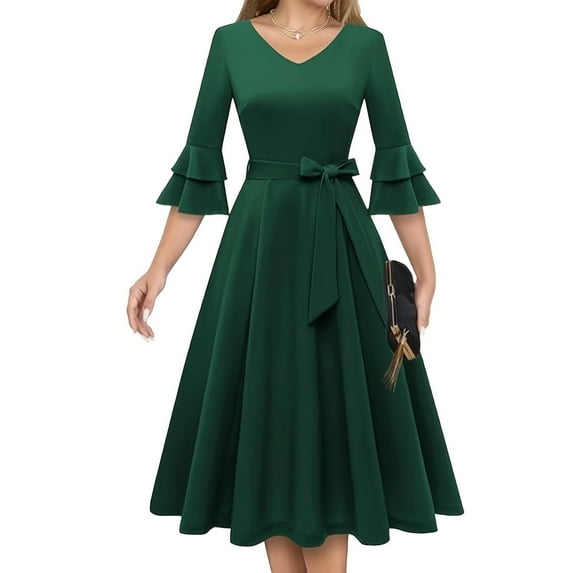 BVOFAR Women's Elegant 3/4 Bell Sleeve Dresses Vintage Cocktail Party Evening Dress V Neck Pleated Swing Midi Dresses