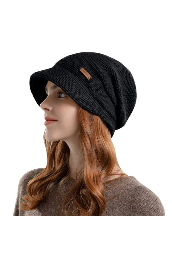 Women's Fleece Lined Knitted Hats with Visor Brim, Winter Warm Beanie Slouchy Thick Newsboy Caps for Cold Weather