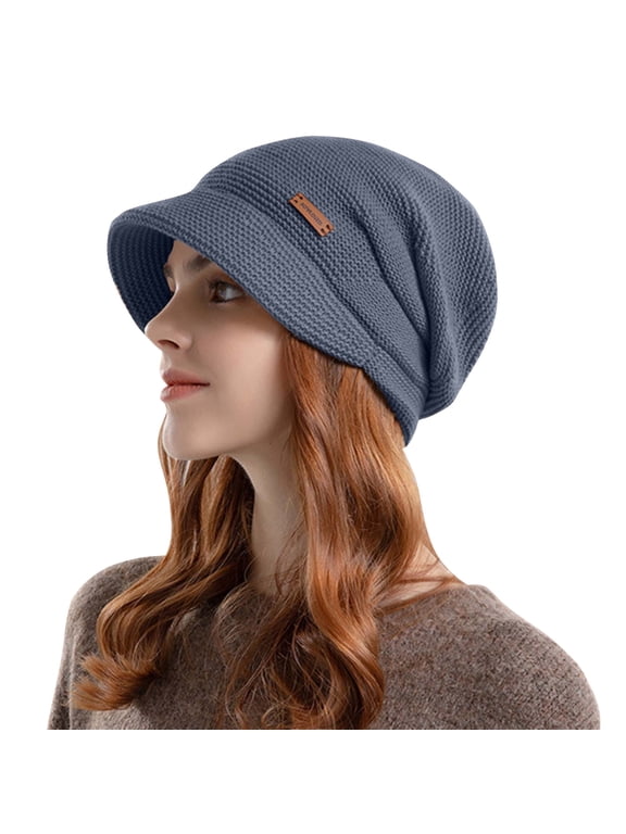 Women's Fleece Lined Knitted Hats with Visor Brim, Winter Warm Beanie Slouchy Thick Newsboy Caps for Cold Weather