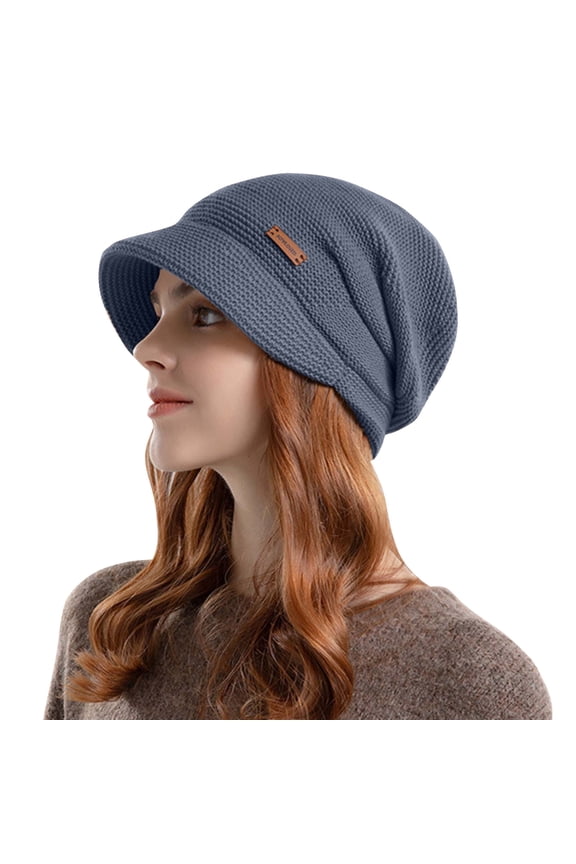 Women's Fleece Lined Knitted Hats with Visor Brim, Winter Warm Beanie Slouchy Thick Newsboy Caps for Cold Weather