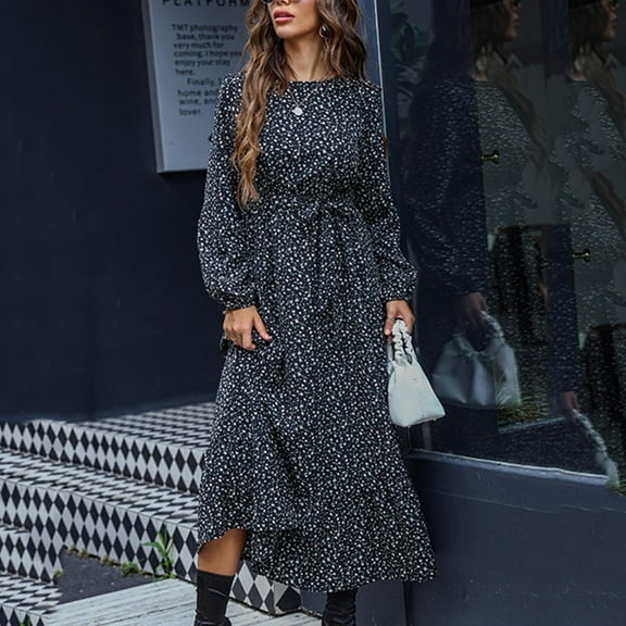 BVOFAR Women's Floral Dress Long Sleeve Flowy Casual Maxi Dresses Round Neck Smocked Tiered Long Dress 2025
