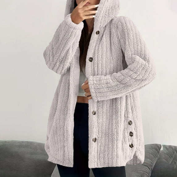 BVOFAR Women's Fuzzy Jackets Winter Warm Fleece Long Sleeve Hooded Coats Soft Button Up Plush Jacket Thermal Outdoor Coat