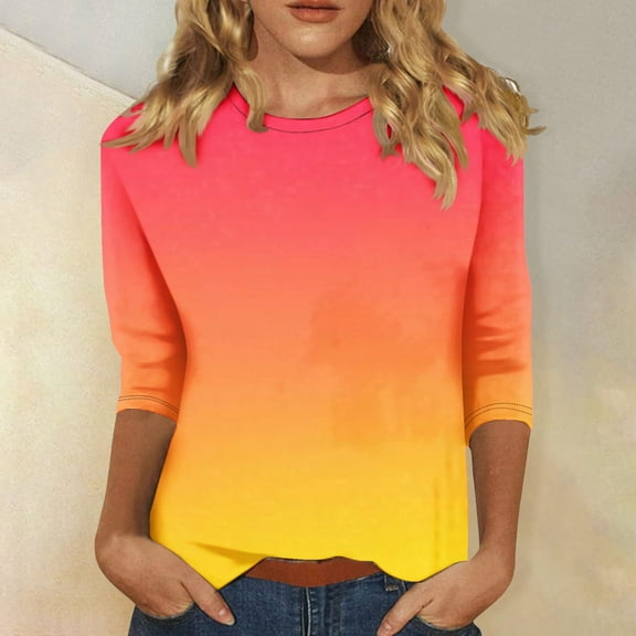 BVOFAR Women's Gradient Color Block Shirts Summer Casual 3/4 Sleeve Tops Trendy Plus Size T-Shirts Round Neck Loose Fit Blouses 2025
