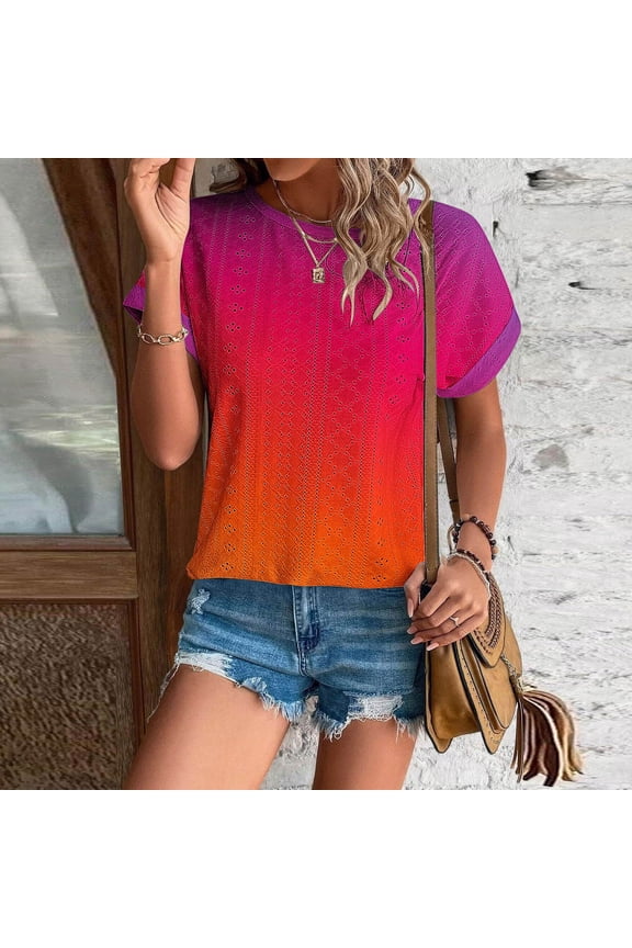 Women's Gradient Eyelet Embroidery Tops 2025 Short Sleeve Round Neck T-Shirts Loose Comfy Tees Summer Casual Curved Hem Blouses