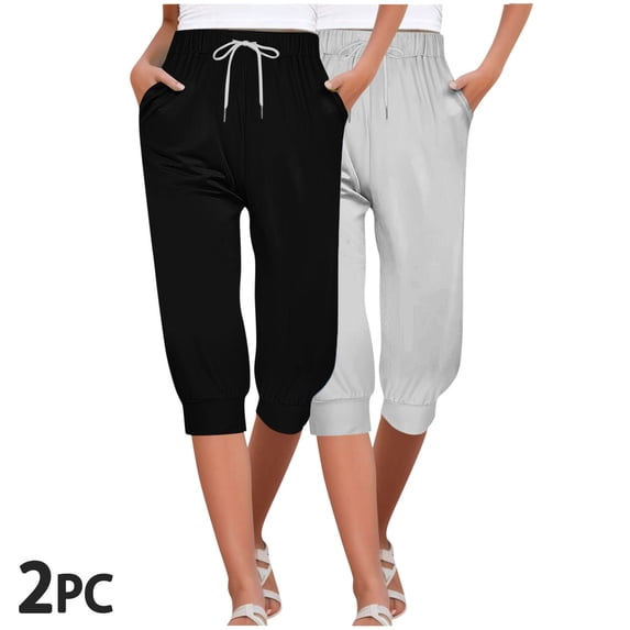 BVOFAR Women's Joggers 2 Pack Track Cuff Capri Pants with Pockets Stretchy Elastic Waist Yoga Pant Drawstring Running Sweatpants Capris Multicolor XL