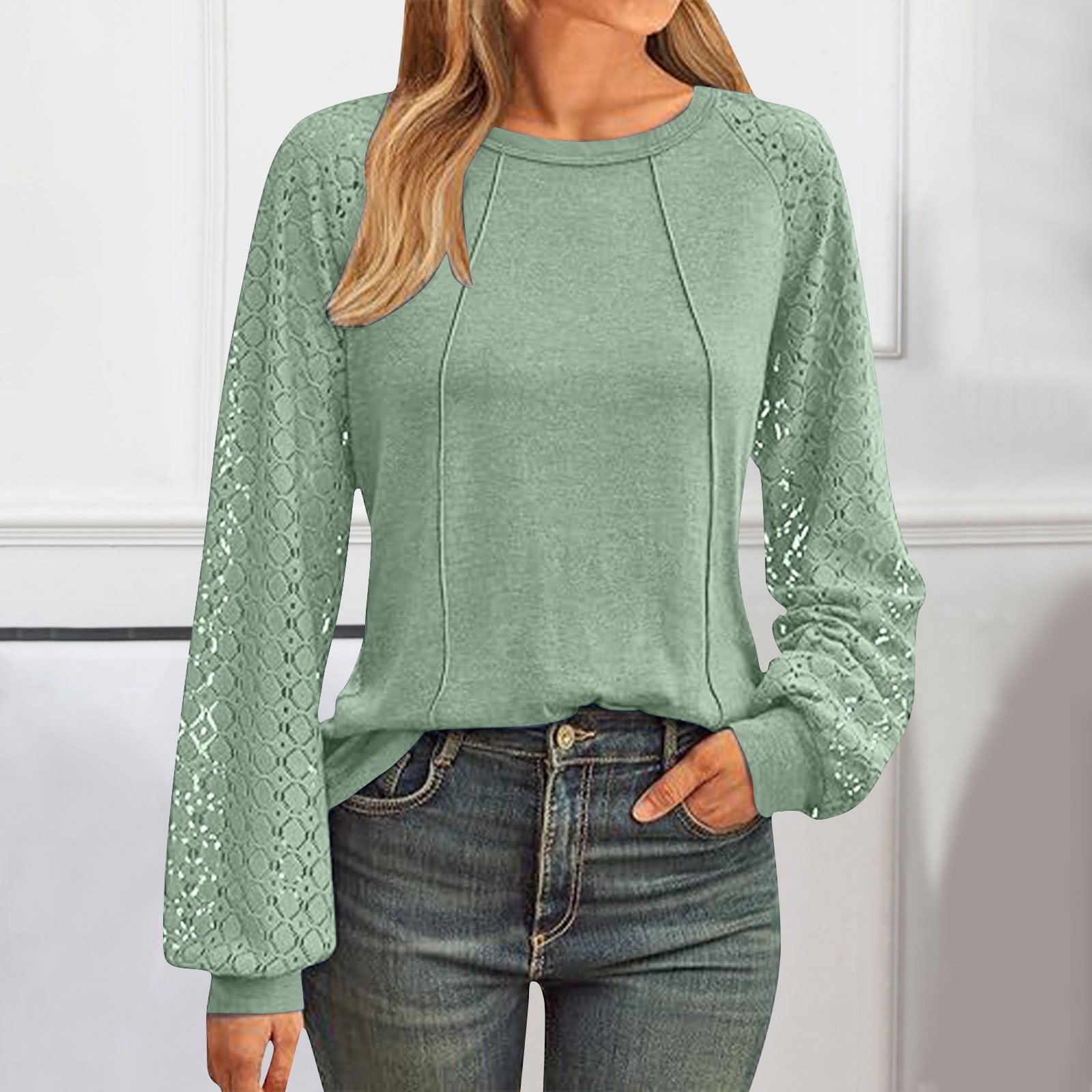 Casual Paneled Lace Long-Sleeved Top