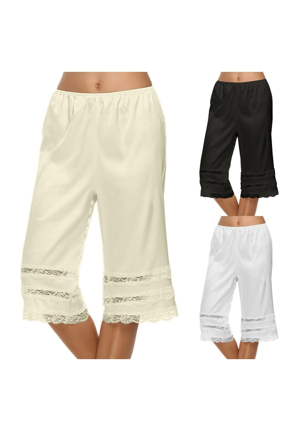 Women's Lace Trim Culotte Slip Snip-it Pettipants Split Skirt Bloomers Lingerie Satin Sleep Pant White L