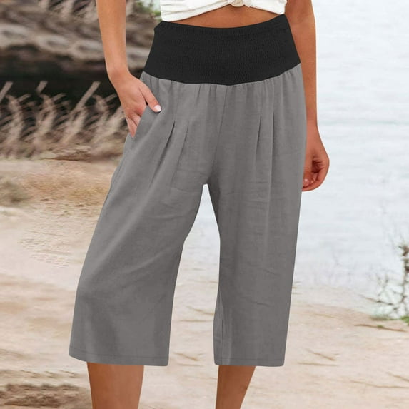 BVOFAR Women's Linen Capri Pants Plus Size High Waist Capri Shorts Ladies Wide Leg Drawstring Skimmers Lounge Solid Color Athletic Capris Summer Capris for Women