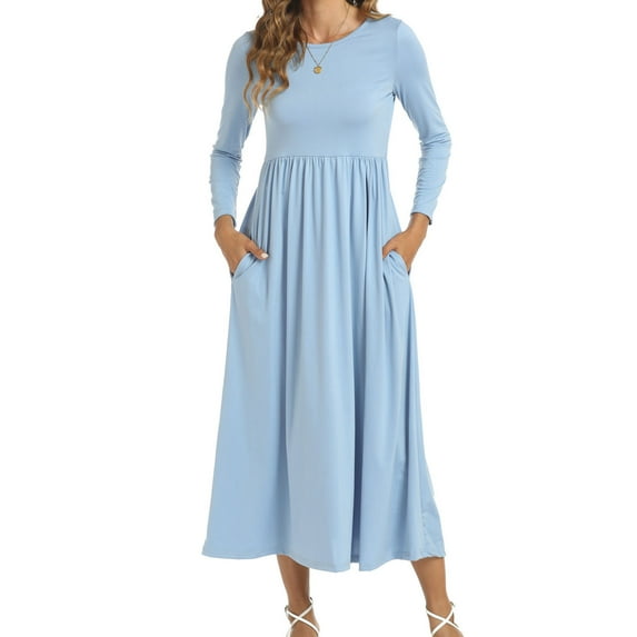 BVOFAR Women's Long Sleeve Maxi Dress Crew Neck Casual Solid Color Dresses Trendy Pleated Long Dress with Pockets 2025 Spring Outfits