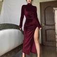 thumbnail image 1 of BVOFAR Women's Long Sleeve Velvet Maxi Dresses Side Ruched High Slit Dress Mock Neck Bodycon Dress Party Club Long Dresses, 1 of 6