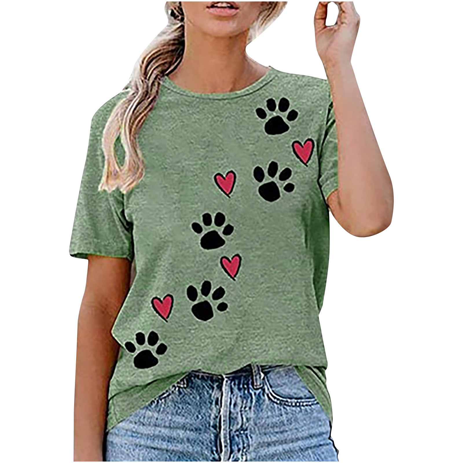 Bvofar Women's Love Heart Dog Paw Printing Shirts Cute Short Sleeve 