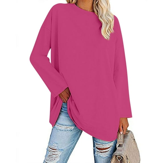 BVOFAR Women's Oversized Casual Shirts 2025 Round Neck Long Sleeve Baggy Tees Solid Color Cozy Tunic Tops