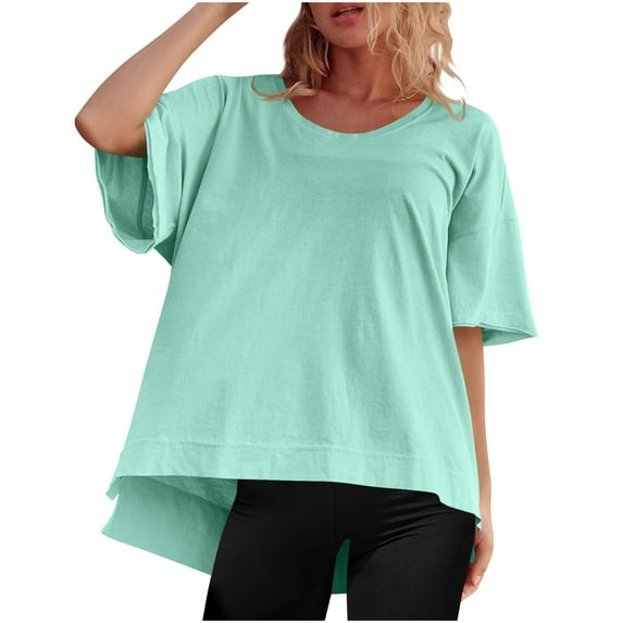 BVOFAR Women's Oversized Round Neck T-Shirts 2025 Summer Casual Short Sleeve Tops Solid Color Side Slit Loose Fit Tee Shirts