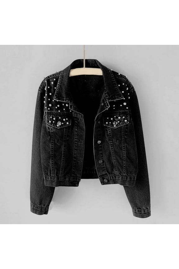 Women's Pearls Jean Jackets Y2K Beading Cropped Denim Jacket Boyfriend Button Down Cardigans Fashion Vintage Streetwear