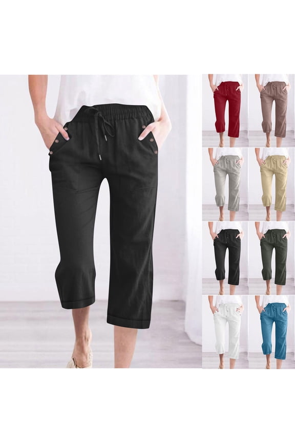 Women's Plus Size Capri Pants Dressy Casual Straight Leg Crop Trousers Casual Summer Drawstring Capris Fashion Beach Wear Khaki M