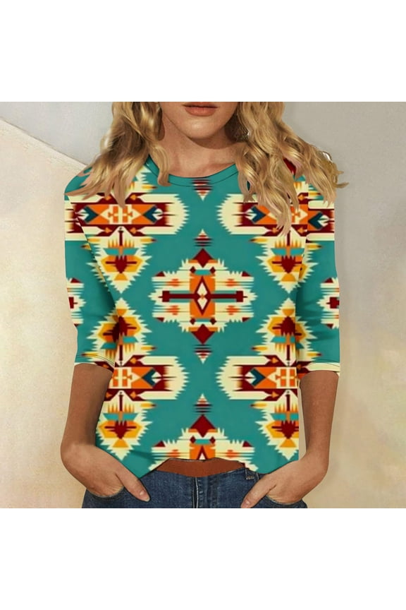 Women's Plus Size Comfy Shirts Aztec Graphic 3/4 Sleeve Blouses Dressy Casual Crewneck Tunic Tops Retro Loose Fit T-Shirts 2025