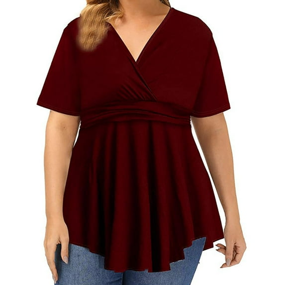 BVOFAR Women's Plus Size Tops Elegant Casual Tunics V Neck Short Sleeve Empire Waist Blouses Solid Color Flowy Shirts 2025