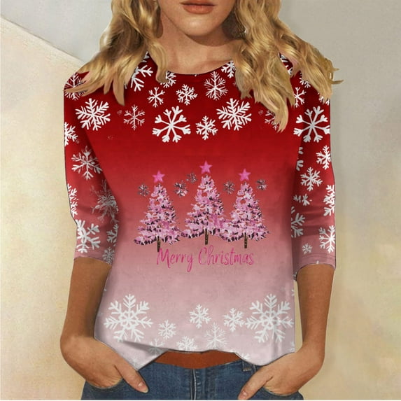 BVOFAR Women's Plus Size Ugly Christmas Sweatshirts Casual 3/4 Sleeve Crweneck Pullover Vintage Xmas Tree Print Loose Fit Shirts Holiday Festive Tops