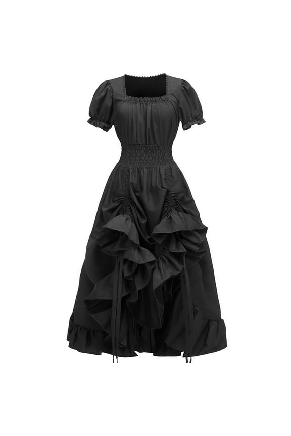 Women's Renaissance Medieval Dress Victorian Ball Gown Square Neck Short Sleeve Dresses Solid Color Cosplay Elastic Waist Dress