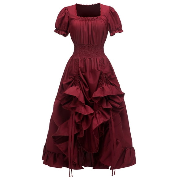 BVOFAR Women's Renaissance Medieval Dress Victorian Ball Gown Square Neck Short Sleeve Dresses Solid Color Cosplay Elastic Waist Dress