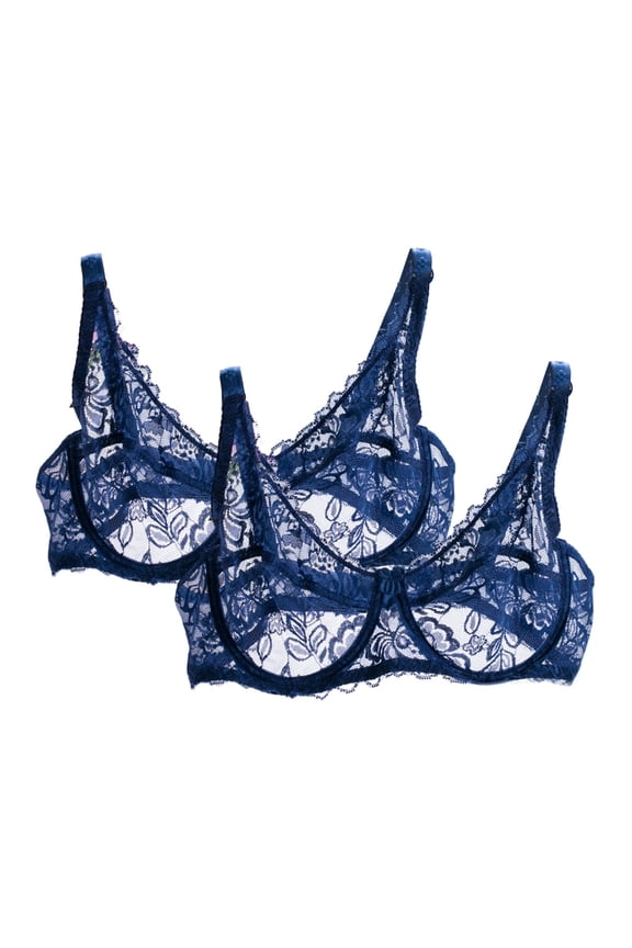 Women's Sheer Lace Bras Floral Thin Bralettes Full Coverage Mesh Bra Soft Comfy Everyday Bras 2 Pcs