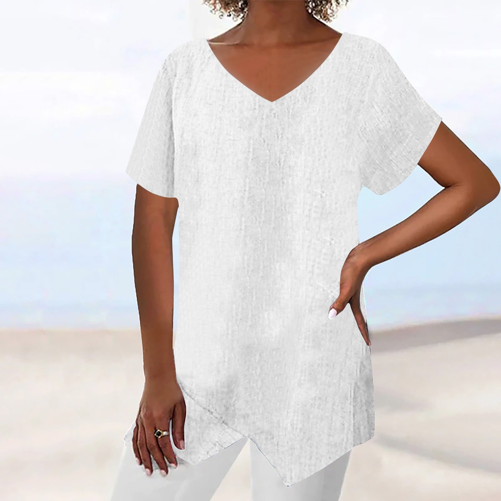 BVOFAR Women's Short Sleeve V Neck Shirts Summer Cotton Linen Tops ...