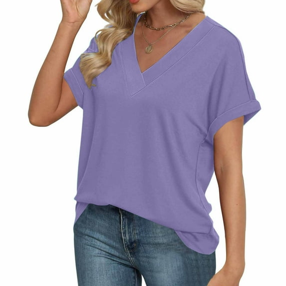 BVOFAR Women's Solid Color V Neck T-Shirts Short Sleeve Trendy Shirts Summer Casual Loose Fit Tops 2025