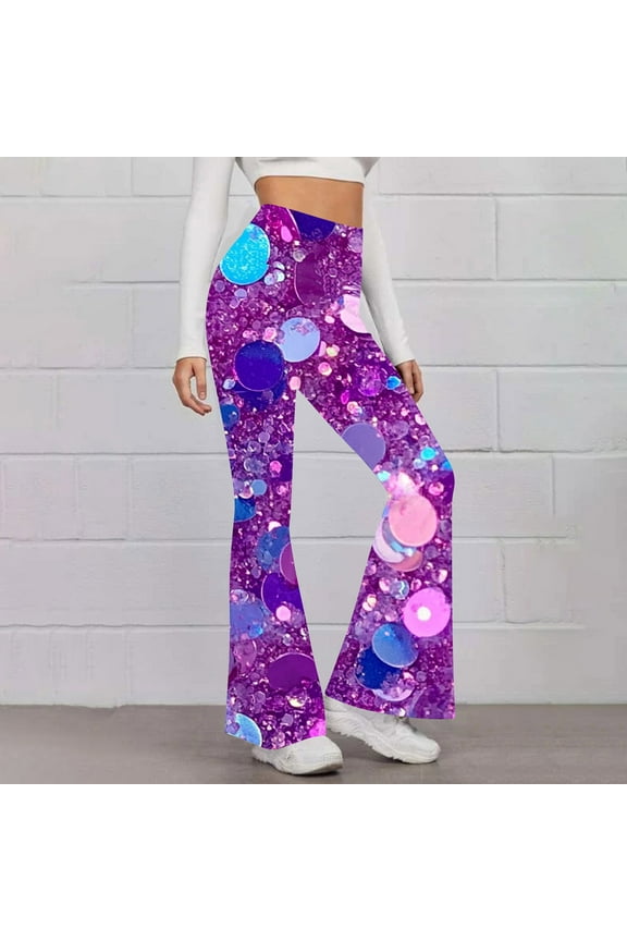 Women's Sparkly Print Yoga Pants Glitter Sequin Flared Legging Casual Workout Bootcut Leggings Trendy Party Bell Bottom Pant