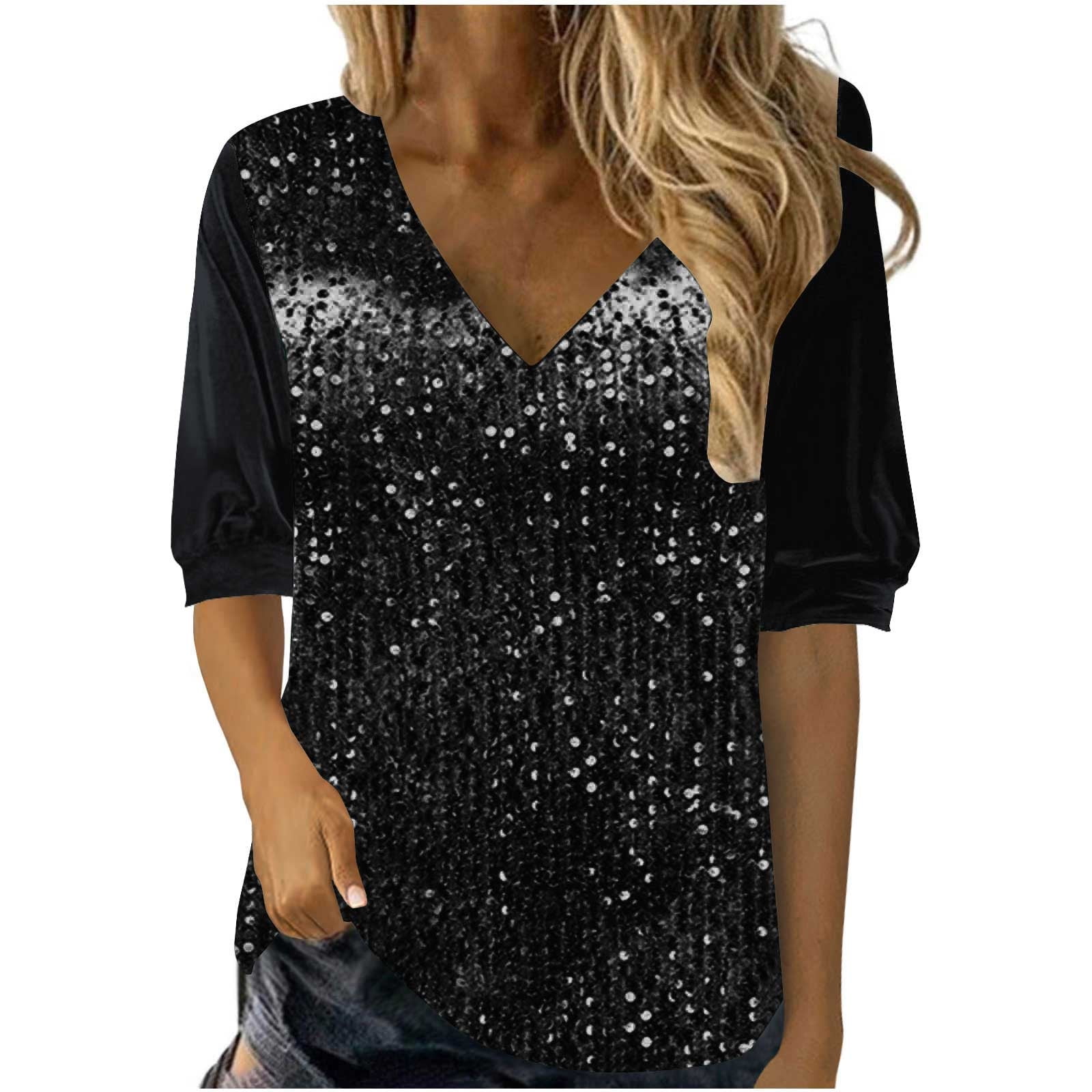 Turilly Womens Sequin Tops 3/4 Sleeve Glitter Sparkly Party