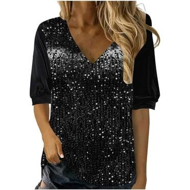 BVOFAR Women's Sparkly Sequin Velvet Tops Casual V Neck Half Sleeve Shirts Trendy Summer Party Blouses 2025
