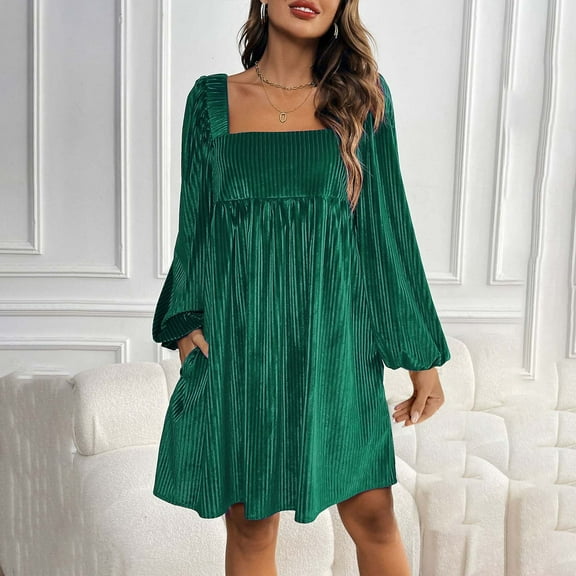 BVOFAR Women's Square Neck Velvet Dress Long Sleeve Ruffle Short Dresses Solid Color Flowy A Line Mini Dress with Pockets