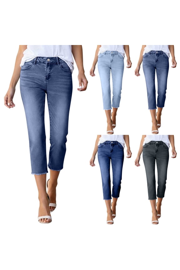 Women's Stretchy Capri Jeans with Pockets Mid Rise Pull On Denim Pants Retro Washed Frayed Hem Long Jorts Y2K Trousers Blue L