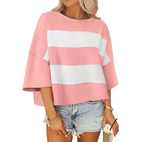 BVOFAR Women's Striped Color Block Tops Oversized Summer Tees Casual Half Sleeve T-Shirts Loose Fit Crewneck Shirts 2025