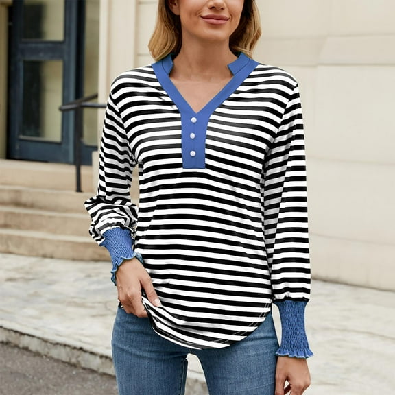 BVOFAR Women's Striped Contrast Color Block Patchwork T-Shirts Casual Long Sleeve Tops Trendy V Neck Shirts 2025