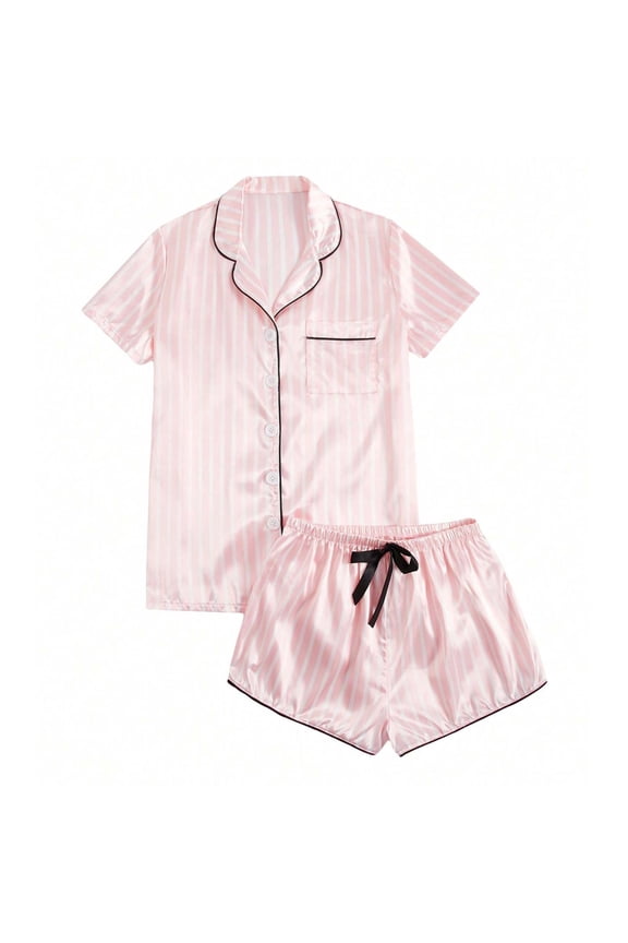 Women's Striped Silk Satin Pajamas Short Sleeve Tops with Shorts Sleepwear Set Soft Comfy Loungewear