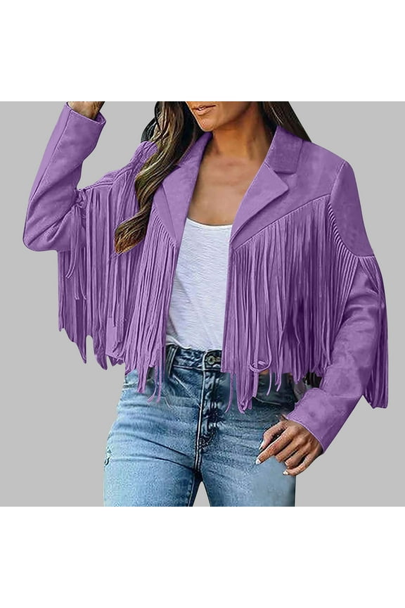 Women's Suede Leather Jacket Trendy Fringe Long Sleeve Cropped Jackets Western Tassel Cowboy Style Coats