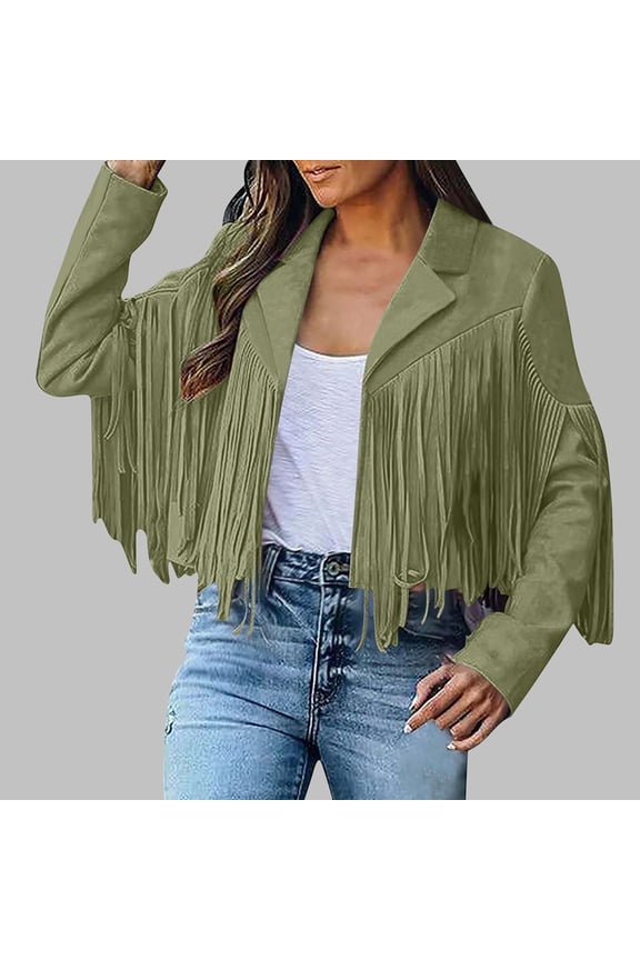 Women's Suede Leather Jacket Trendy Fringe Long Sleeve Cropped Jackets Western Tassel Cowboy Style Coats