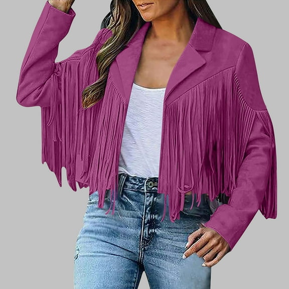 BVOFAR Women's Suede Leather Jacket Trendy Fringe Long Sleeve Cropped Jackets Western Tassel Cowboy Style Coats