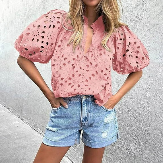 BVOFAR Women's Summer Hollow Out Lace Tops Dressy Casual Solid Color Shirts Short Lantern Sleeve V Neck Button Blouses 2025