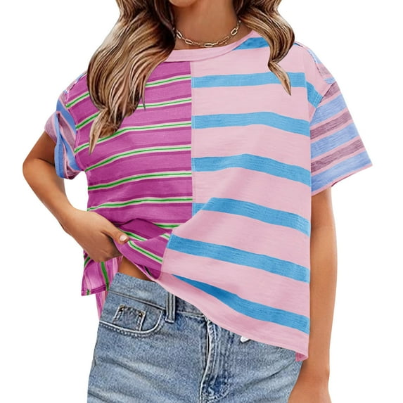 BVOFAR Women's Summer Striped Shirts Casual Color Block Short Sleeve Tops Loose Fit Round Neck Tees 2025