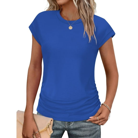 BVOFAR Women's Summer Tops 2025 Trendy Cap Sleeve T-Shirts Solid Color Crew Neck Shirts Casual Comfy Tunics