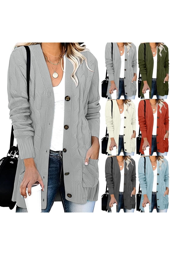 Women's Sweater Cardigans Comfy Open Front Cable Knit Sweaters Coat Mid Length Button Down Outwear Fall Winter Coat