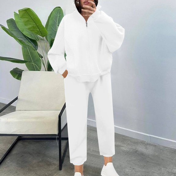 BVOFAR Women's Tracksuits Two Piece Long Sleeve Zip up Lapel Sweatshirts and Sweatpants Solid Color Casual Sweatsuits with Pockets