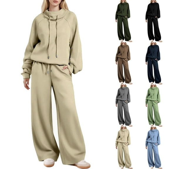 BVOFAR Women's Two Piece Sets Casual Turtleneck Drawstring Lantern Long Sleeve Sweatshirts Baggy Wide Leg Sweatpants Loose Fit Tracksuit Outdoor Workout Sweatsuit