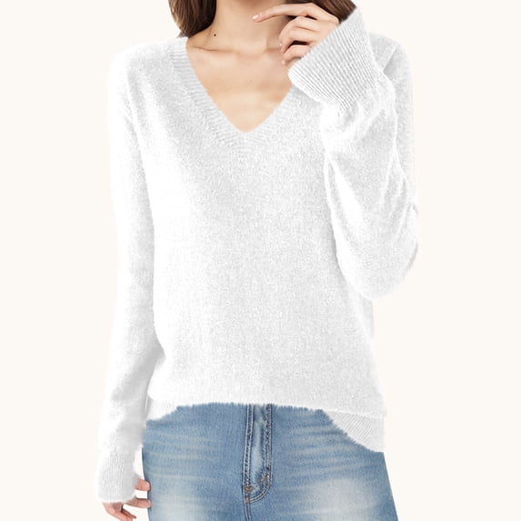 BVOFAR Women's V Neck Sweaters Casual Long Sleeve Kintted Pullover Fuzzy Soft Lightweight Tops Slim Warm Jumper