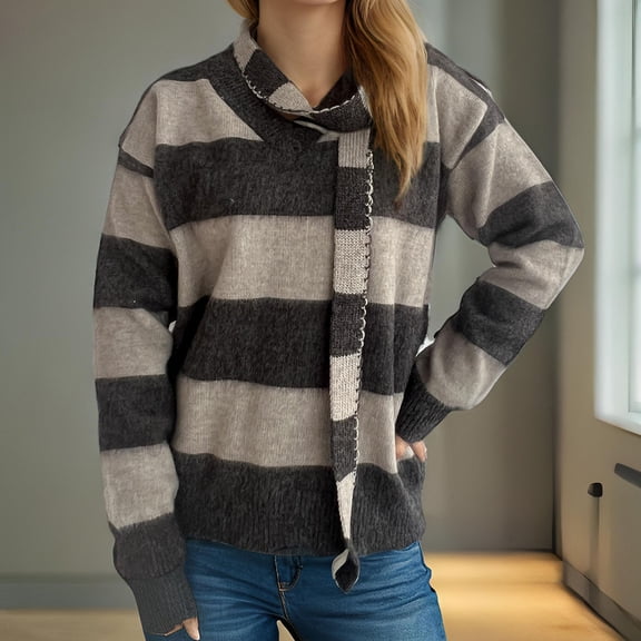 BVOFAR Women's V Neck Sweaters Cozy Ribbed Knit Color Block Jumpers with Scarf Casual Long Sleeve Loose Fit Pullover Lightweight Travel Tops